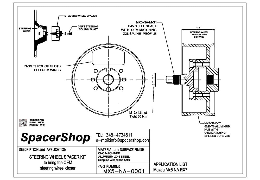 Spacershop steering wheel spacer drawing Mazda MX5 NA