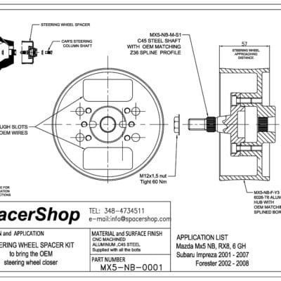 Spacershop steering wheel spacer drawing for Mazda MX5 NB