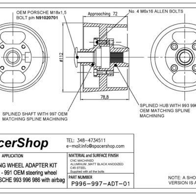 Spacershop Steering wheel adaptor drawing for Porsche 991 steering wheel on 996 cars